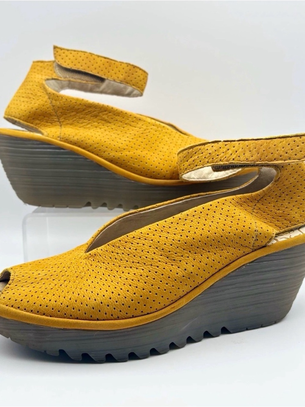 Fly London Mustard Yellow Perforated Wedge Sandals